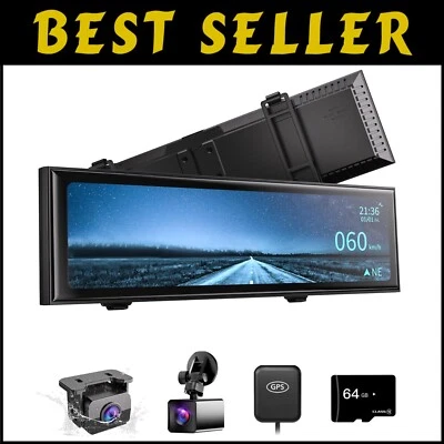 Premium Dual-Camera Touch Screen Rear View Mirror Dash Cam with GPS & 64GB Card