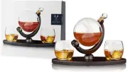 Globe Decanter and Tumbler Set, Etched Glassware, Wooden Base, Perfect for Scotc