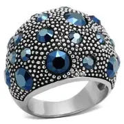 Montana Blue Crystal Wide Band Dome Bubble Stainless Steel Cocktail Cluster Ring