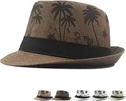 [HJHstar] Fedora Straw Hat Jazz Hat for Men Panama Sun hat Costume Patry Cap Coconut Tree Printed for Summer Holiday