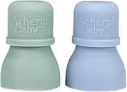 Cherub Baby Silicone Reusable Baby Food Pouch Topper Attachment Soft Non-Spill Spouts 2PK with Travel Case - Cerulean/Sage