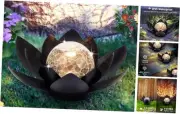 Solar Lights Outdoor Garden Decor Metal Black Lotus Decoration, Crackle Globe