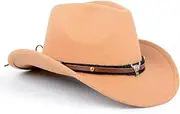 [Begistia] Unisex Western Cowboy Hat, Felt Wide Edge Western Cowboy Hat Classic Panama Hat Outdoor Wide Edge Cowboy Hat with Strap, Camel