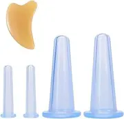 Cupping Glasses Silicone Set, Face Cupping Silicone Vacuum Cup, Silicone Cupping Cup, 4 Pieces, Anti Cellulite Cups, Vacuum Suction Cup with Gua Sha Facial Tool, Face Neck Cupping Massage (Blue)