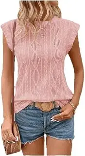 [FGAoTeng] Women Eyelet Cap Sleeve Tops for Summer - Fashion Hollow Out Round Neck Knit Blouse, Lightweight Stretchy Crochet Knit Texture Shirt for Casual Office Vacation Wear