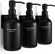 MAISONOVO Shampoo Dispenser for Shower Wall 3 Chamber - Drill Free Shower Soap Dispenser Wall Mount with Waterproof Labels | 3 Black Plastic Bottles with Black Metal Pumps