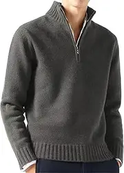 [Generic] Casual Thickened Cable Knitted Sweaters for Mens Cardigan Warm Tops Mock Neck Quarter Zip Fashion Long Sleeve Knitwear