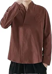 [Fulbant] Chinese Mens Tang Suit Linen Long Sleeve Solid Traditional Kung Fu Clothes Hanfu Shirt