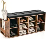 Giantex Shoe Storage Bench with Umbrella Stand, 10-Cube Entryway Bench with Adjustable Shelf & Padded Cushion, Cubby Shoe Rack Organizer for Living Room, Bedroom & Checkroom (Black & Rustic Brown)
