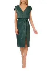 Adrianna Papell V-Neck Metallic Faux Wrap Dress, Dark Ivy, Size 8
