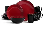 [bestone] 16 Piece Round Kitchen Dinnerware Set,Plates and Bowls Sets,Dishes, Dinner Plates, Cereal Bowls Set，Bowls, Mugs, Dish Set，Plates and Bowls,Service for 4, Stoneware Dinnerware,Red and Black