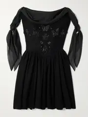 [Clio Peppiatt] Clio Peppiatt - Iris Off-the-shoulder Tie-detailed Embellished Crepe De Chine Mini Dress - Black - small small Black