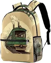 [Generic] Vintage Green Rail Train Backpack Students Shoulder Bags Travel Bag College School Tote Backpacks for Women Men Kids Teen Girls Boys