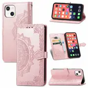 For iPhone 13 mini Case,Mandala Emboss PU Leather Wallet Cover,Lanyard,Rose Gold