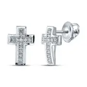 10kt White Gold Womens Round Diamond Cross Cluster Earrings 1/10 Cttw