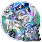 Forest Animals Art Daydream Galaxy Wolves Round Beach Towel