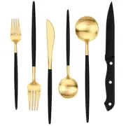 24-Piece Matte Black & Gold Silverware Set with Steak Knives, Stainless Steel...