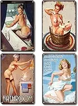 BieFuDan 4Pcs Vintage Get Naked Sign, Vintage Wall Decor Retro Art Tin Sign, Bathroom Sexy Pinup Girl Posters Pattern Funny Decorations for Cafe Bar Pub Beer Home Metal Posters 11.8x7.9in