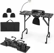 Costway Folding Manicure Nail Table with Electric Dust Collector, Portable Nail Tech Desk with LED Lamp, Client Wrist Pad, Carry Bag, 4 Lockable Wheels, Spa Salon Workstation (Black)