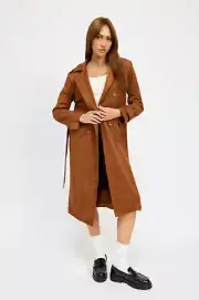 Emory Park Button Front Faux Suede Trench Coat with Pockets in Camel Brown NWT