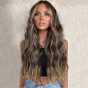 Generic Women's synthetic wig brown ombre blonde, blonde wig, black wig big wavy long hair (Medium blonde brown)
