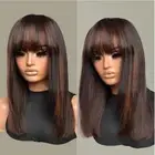 16 inch Long Brazilian Remy Human Hair Wig With Bangs Highlight Brown Wigs