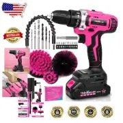 Stylish 20V Pink Cordless Drill Set with Brush & Accessories - Perfect for Home