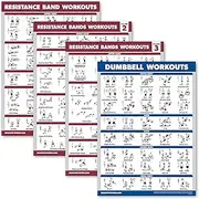 4 Pack - Resistance Bands Workout Posters Volume 1, 2 & 3 + Dumbbell Exercise Chart