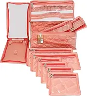 atorakushon Satin Women'S MakeUp Jewellery Organizer Travel Kit For Pendant Necklace Zipper Pouch with 9 Transparent Pouches Bag Case (Peach)