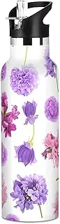 Kids Water Bottle with Straw, Water Bottle Stainless Steel for Travel or School 20 Oz, BPA-Free, Purple Pink Flowers White