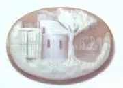 NOS Antique Hand Carved Oval Shell CAMEO Stone House & Tree Scene #N435