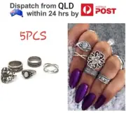 5pcs Silver Flower Oval Opal Stone Ring Stack Above Knuckle Mid Finger Rings Set