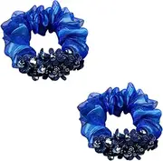 2 Pack Sparkly Boho Organza Crystal Beads Hair Ties Hair Ropes Hair Scrunchies Elastics Ponytail Holders Hair Jewelry Hair Wrist Ties Bands Scrunchies Hair Accessory for Show Gym Dance Party for Girl Women (Blue, One size)