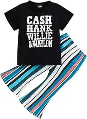 [Generic] Take Luck Home Clothes Toddler Girls Clothes Bell Bottom Sets Letter Print Short Sleeve T Shirt Tops Striped Flared Pants Kids Summer Outfits Two Piece Outfits for Teen Girls for School