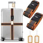 [Fuyfyre] 4Pcs Luggage Strap Set, 2 Adjustable Code Straps + 2 Name Tags, Suitcase Belts with Tags and Combination Locks, Heavy Duty Case Straps for Travel Suitcase Security Style (Orange)