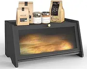 Black Bread Box for Kitchen Countertop, Bamboo Bread Storage Container with Acrylic Frosted Window, Large Farmhouse Breadbox for Homemade Bread Fruits & Spices