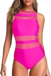 [Holipick] Women One Piece High Neck Swimsuits Striped Mesh Pitchwork Bathing Suit