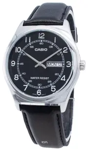 Casio MTP-V006L-1B2 Black Dial Leather Strap Day/Date 30M Mens Watch 38mm Steel