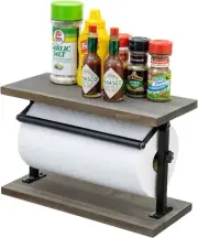 Freestanding Kitchen Countertop Gray Wood & Metal Paper Towel Holder w/ Shelf