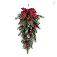 在飛比找蝦皮商城優惠-聖誕淚珠花環帶格子蝴蝶結、紅色漿果和松果門牆窗裝飾的聖誕松針