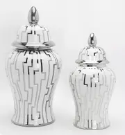 2 piece Ceramic Ginger Jars with Lid Storage design silver and white