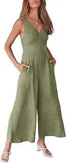 [ANRABESS] Women's Summer Wide Leg Linen Jumpsuits Dressy V Neck Sleeveless Casual Pants Rompers 2024 Vacation Beach Outfits