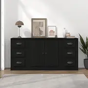 Sideboards 3 Pcs Black Engineered Wood, Ample Storage Cabinet for Kitchen, Coffee Bar, Buffet with Wall Attachment