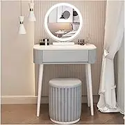 Grey Dressing Table with 1 Drawers and Round LED Mirror Vanity Desk Velvet Stools Laptop Study Writing Table Makeup Table