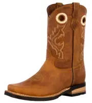 Kids Western Cowboy Boots Smooth Square Toe Brown Leather Botas Rancho Size 8