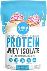 Portions Master Cold-Processed, CFM 100% Whey Protein Powder. All-Natural Fast-Digesting Sweetened with Stevia (2 LB, Birthday Cake)