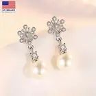 Women 925 Sterling Silver Jewelry Crystal Earrings Snowflake Pearl Tassel 0148