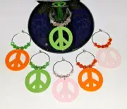 Peace Sign Wine Glass Charms Set of 6 NEW Hippie Drink Markers