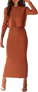 [PRETTYGARDEN] Women's Spring Fall 2 Piece Sweater Set Rib Knit Long Sleeve Crop Top Maxi Bodycon Skirt Casual Winter Outfits