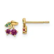 Real 14kt Yellow Gold Madi K Red CZ & Green Glass Cherry Post Earrings